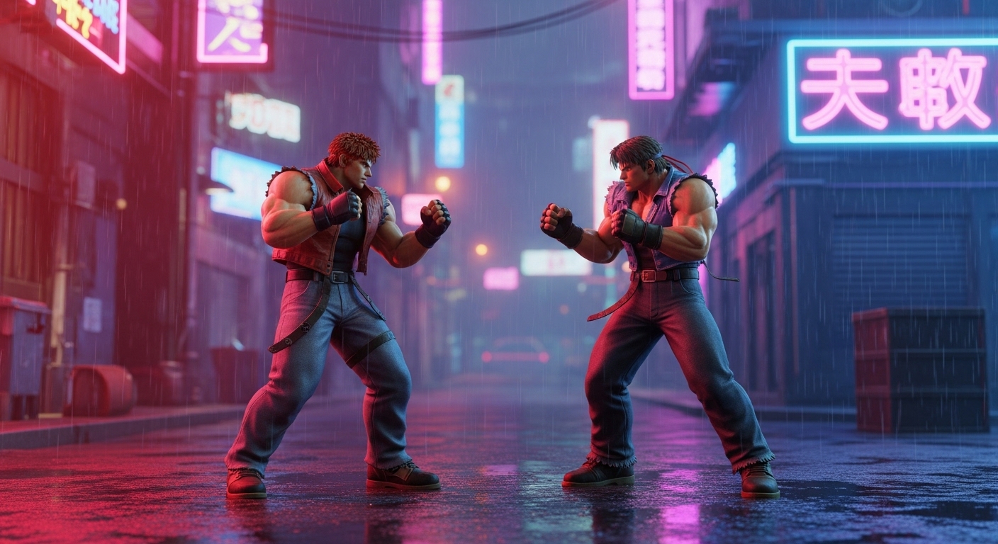 Two characters in a standoff in fighting games
